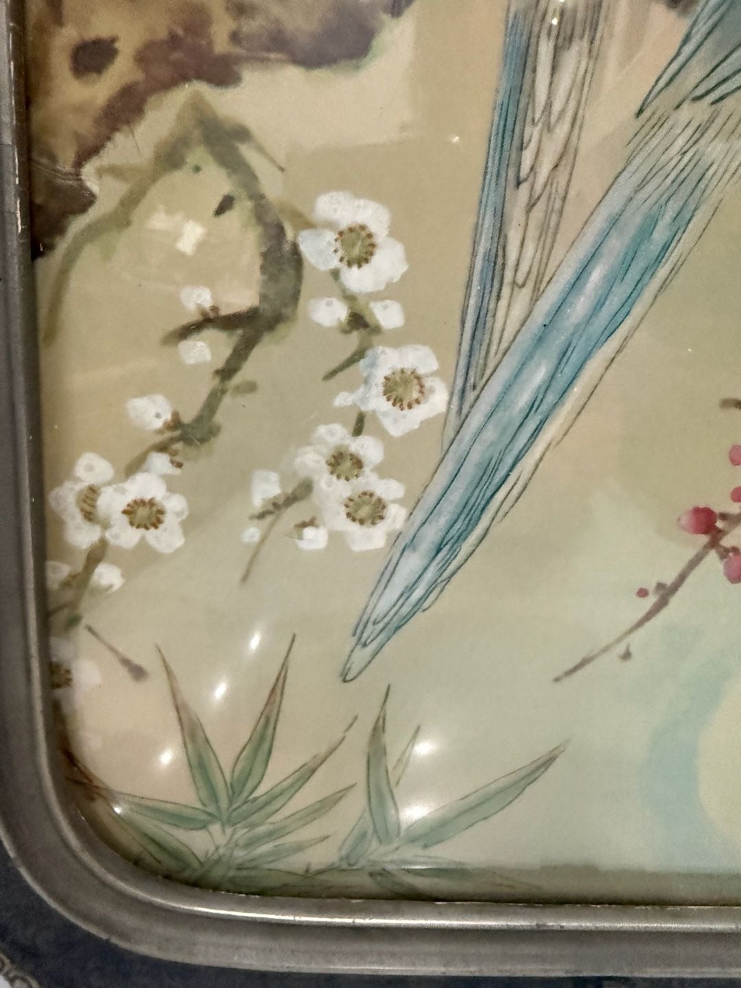 Vintage Asian Bird  Blossom Painting in Ornate Frame with curved glass 8