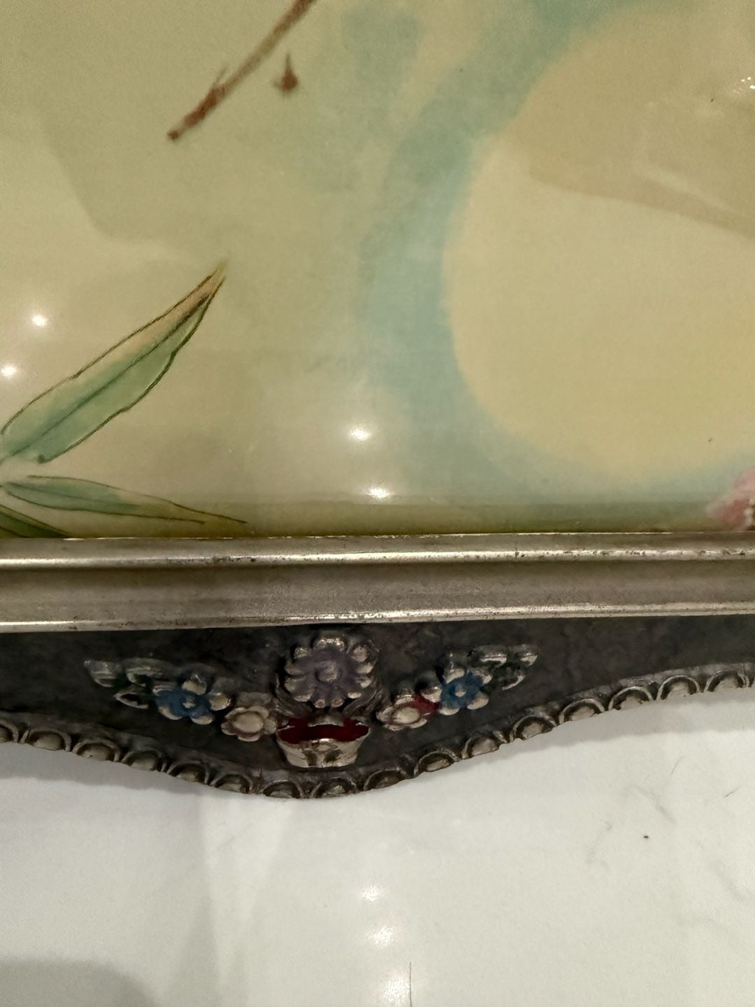 Vintage Asian Bird  Blossom Painting in Ornate Frame with curved glass 9