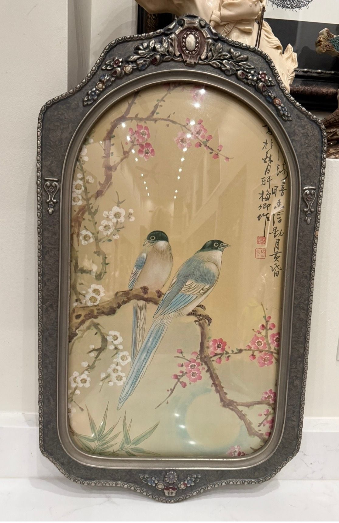 Vintage Asian Bird  Blossom Painting in Ornate Frame with curved glass 11