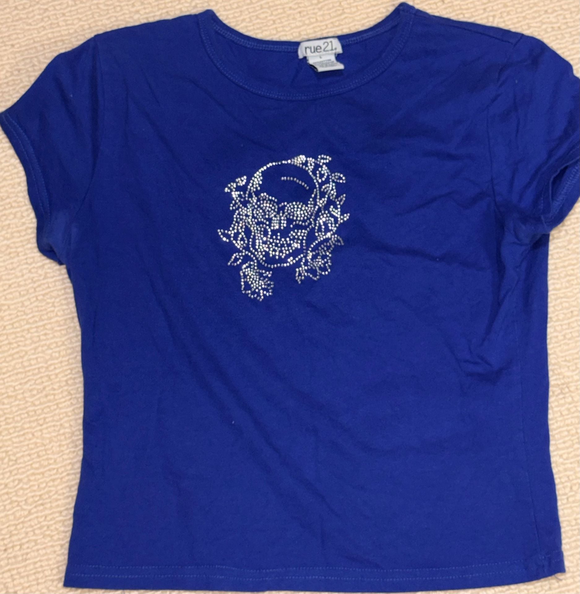 rue21 Blue Rhinestone Skull Graphic T-Shirt Size L 2