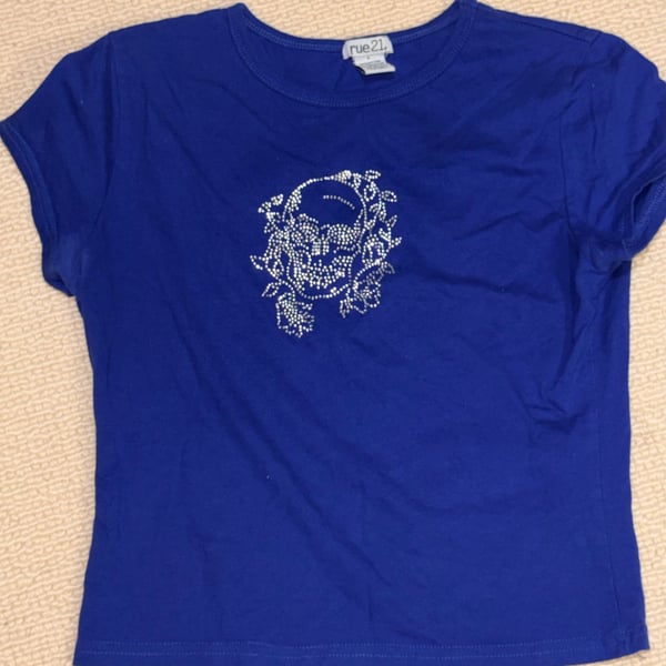 rue21 Blue Rhinestone Skull Graphic T-Shirt Size L