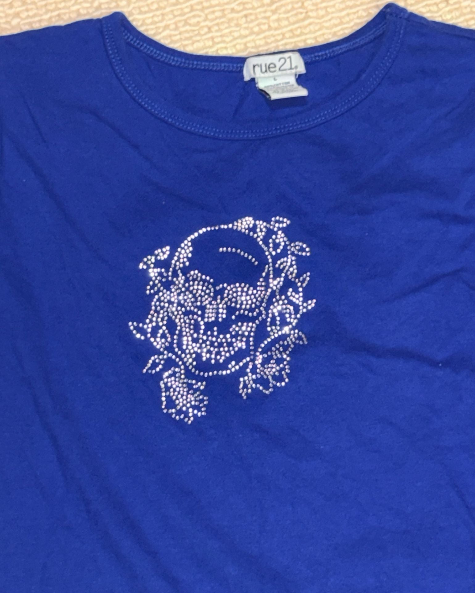 rue21 Blue Rhinestone Skull Graphic T-Shirt Size L 3