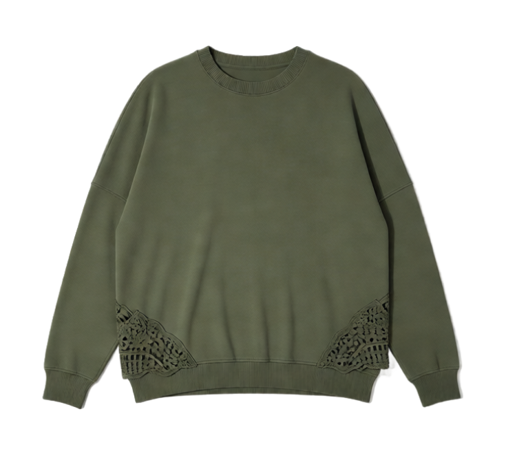 Aerie Crochet Lace Hem Sweatshirt Olive Green Oversized Pullover 2