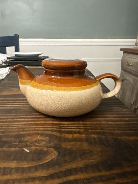 Vintage Brown and Cream Glazed Ceramic Teapot with Lid 1