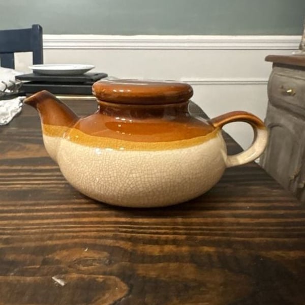 Vintage Brown and Cream Glazed Ceramic Teapot with Lid
