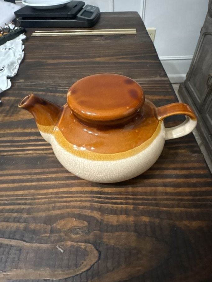 Vintage Brown and Cream Glazed Ceramic Teapot with Lid 2
