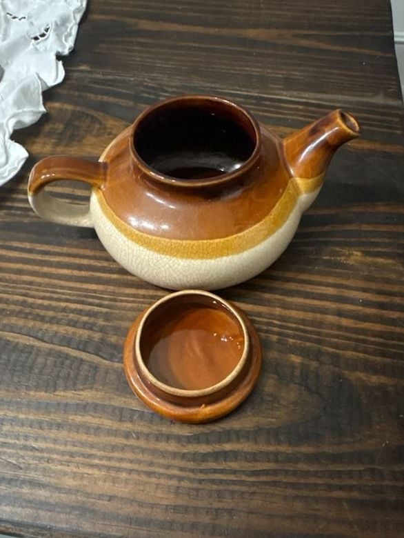 Vintage Brown and Cream Glazed Ceramic Teapot with Lid 4