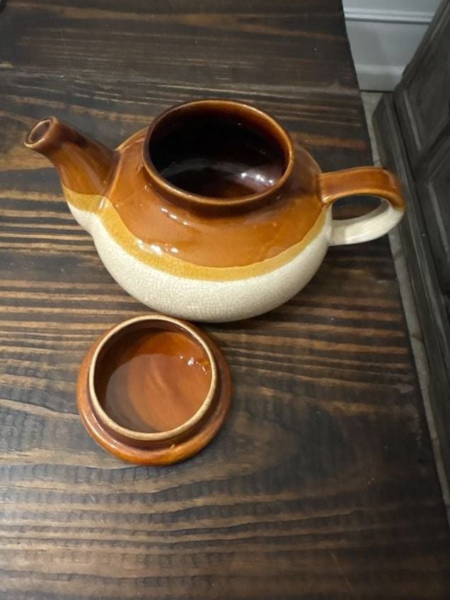 Vintage Brown and Cream Glazed Ceramic Teapot with Lid 3