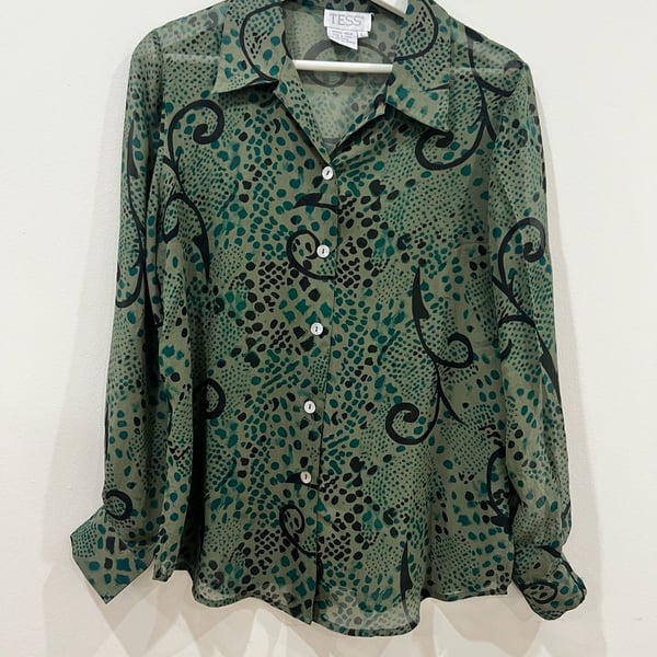 VTG Silk Blouse Green and Black Patterned Button Down Size L