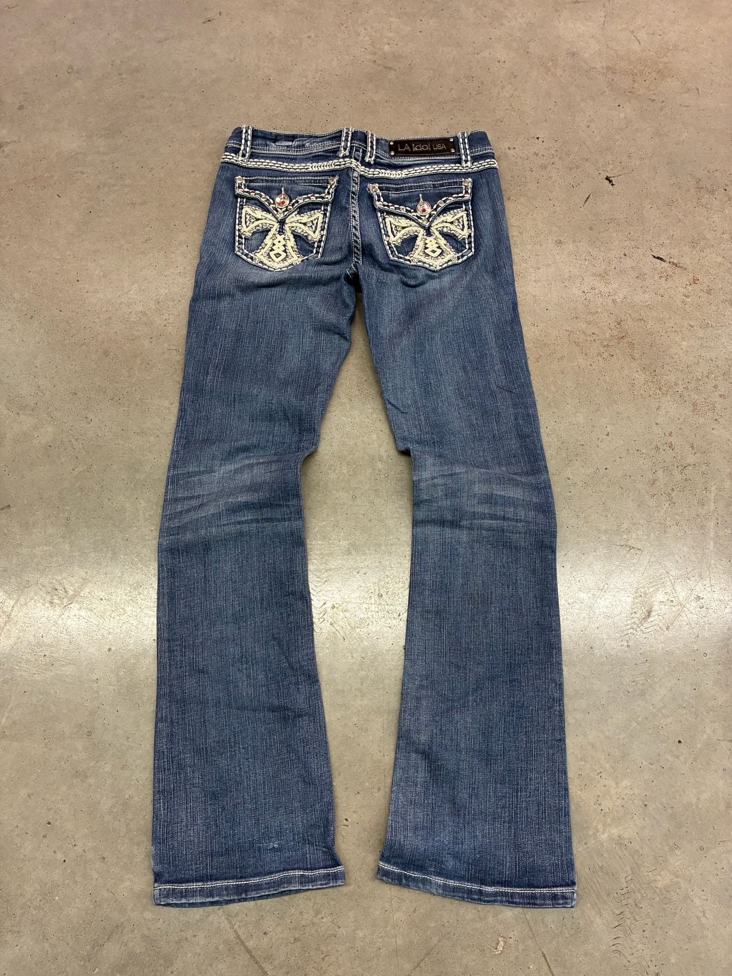 A.idol USA Bootcut Jeans Size 9 Blue Denim Rhinestone Embroidered 11