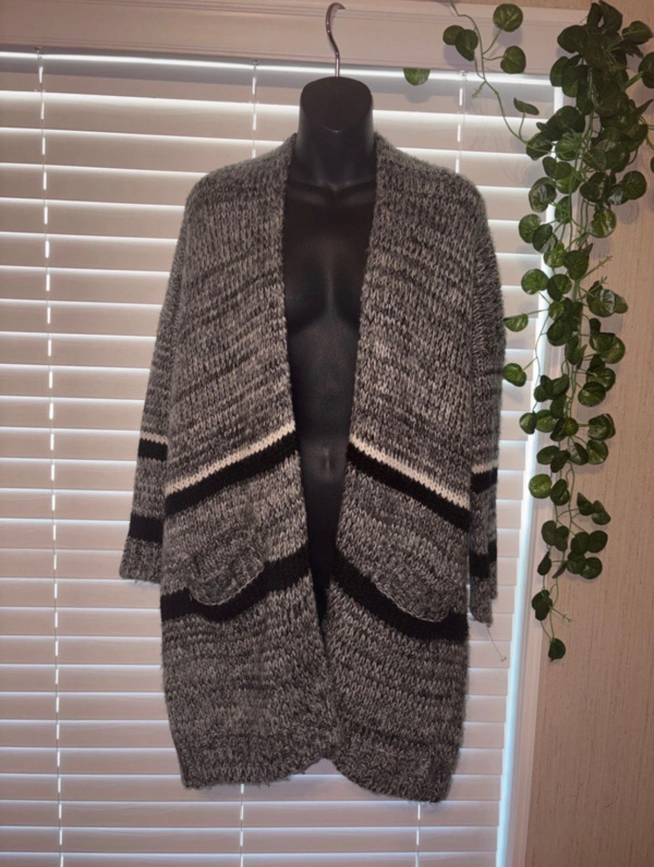 Forever Contemporary Gray Black White Striped Open Front Cardigan XS 2