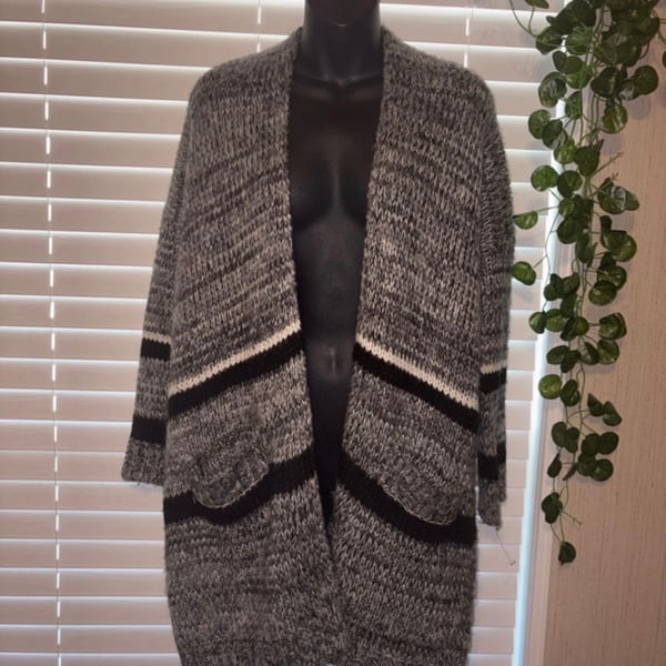 Forever Contemporary Gray Black White Striped Open Front Cardigan XS