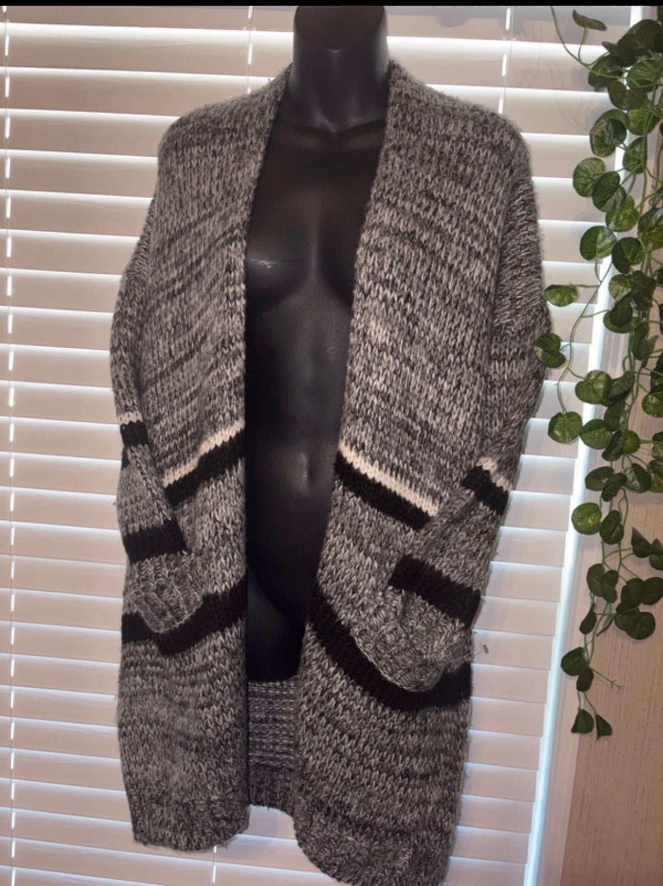 Forever Contemporary Gray Black White Striped Open Front Cardigan XS 3