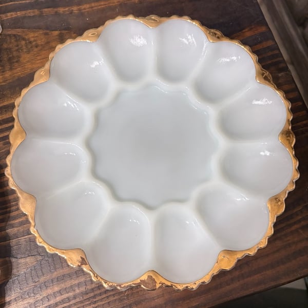 Anchor Hocking Milk Glass Deviled Egg Plate Gold Trim