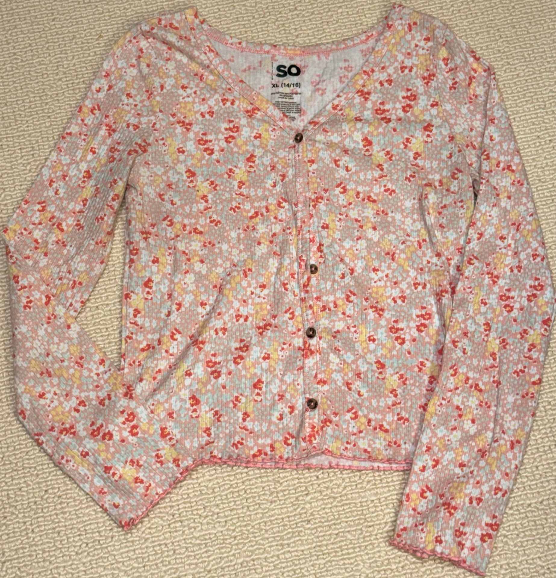 SO Floral Ribbed Cardigan Size XL (14/16) Pink Yellow 1