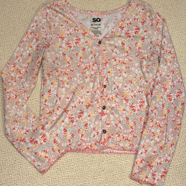 SO Floral Ribbed Cardigan Size XL (14/16) Pink Yellow