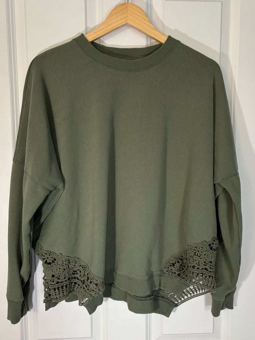 Aerie Crochet Lace Hem Sweatshirt Olive Green Oversized Pullover 3