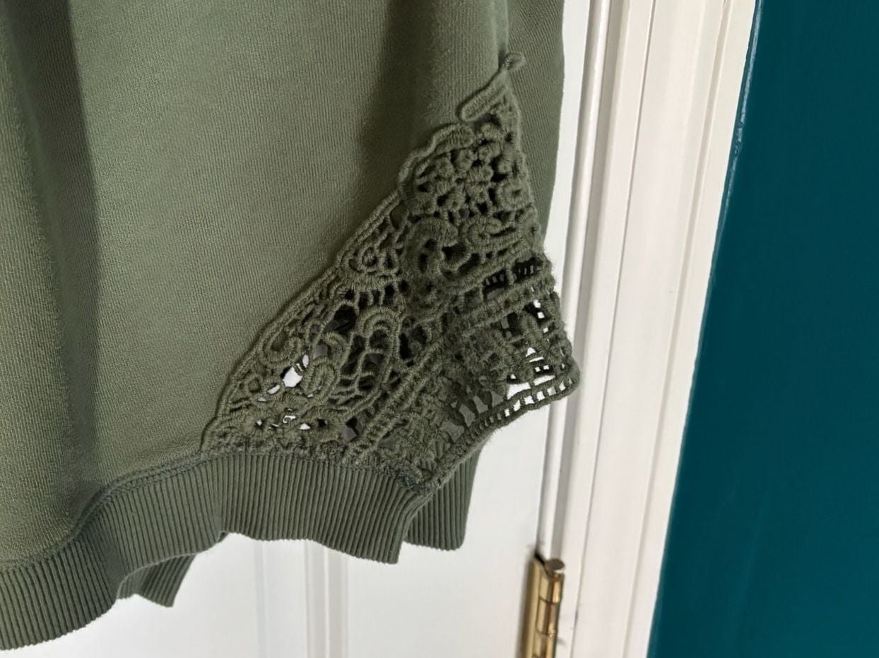Aerie Crochet Lace Hem Sweatshirt Olive Green Oversized Pullover 4