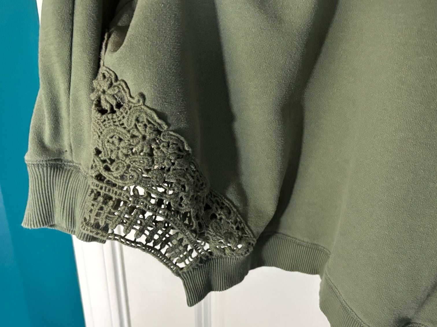 Aerie Crochet Lace Hem Sweatshirt Olive Green Oversized Pullover 5