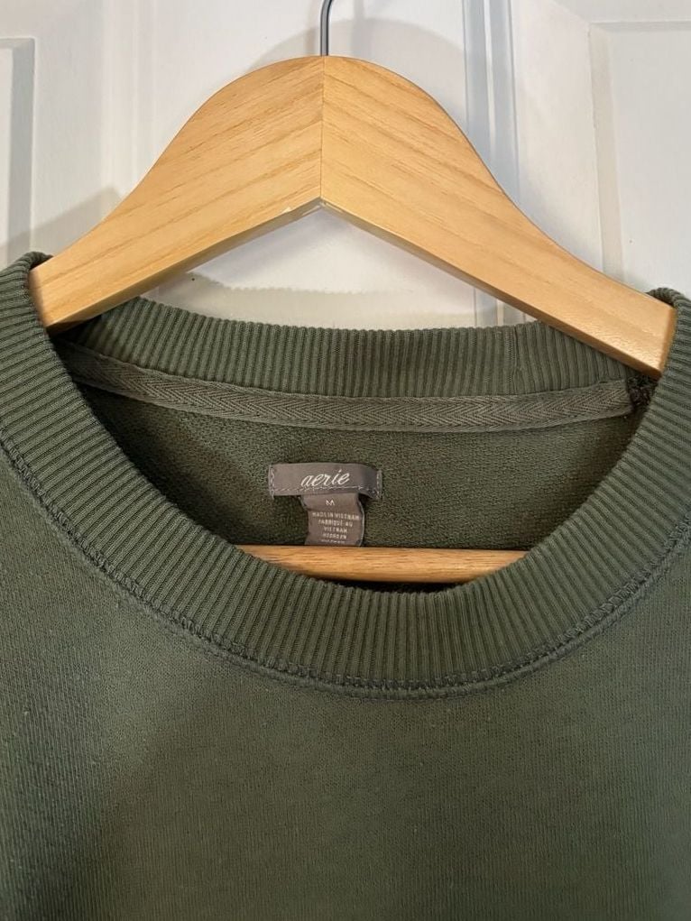 Aerie Crochet Lace Hem Sweatshirt Olive Green Oversized Pullover 7