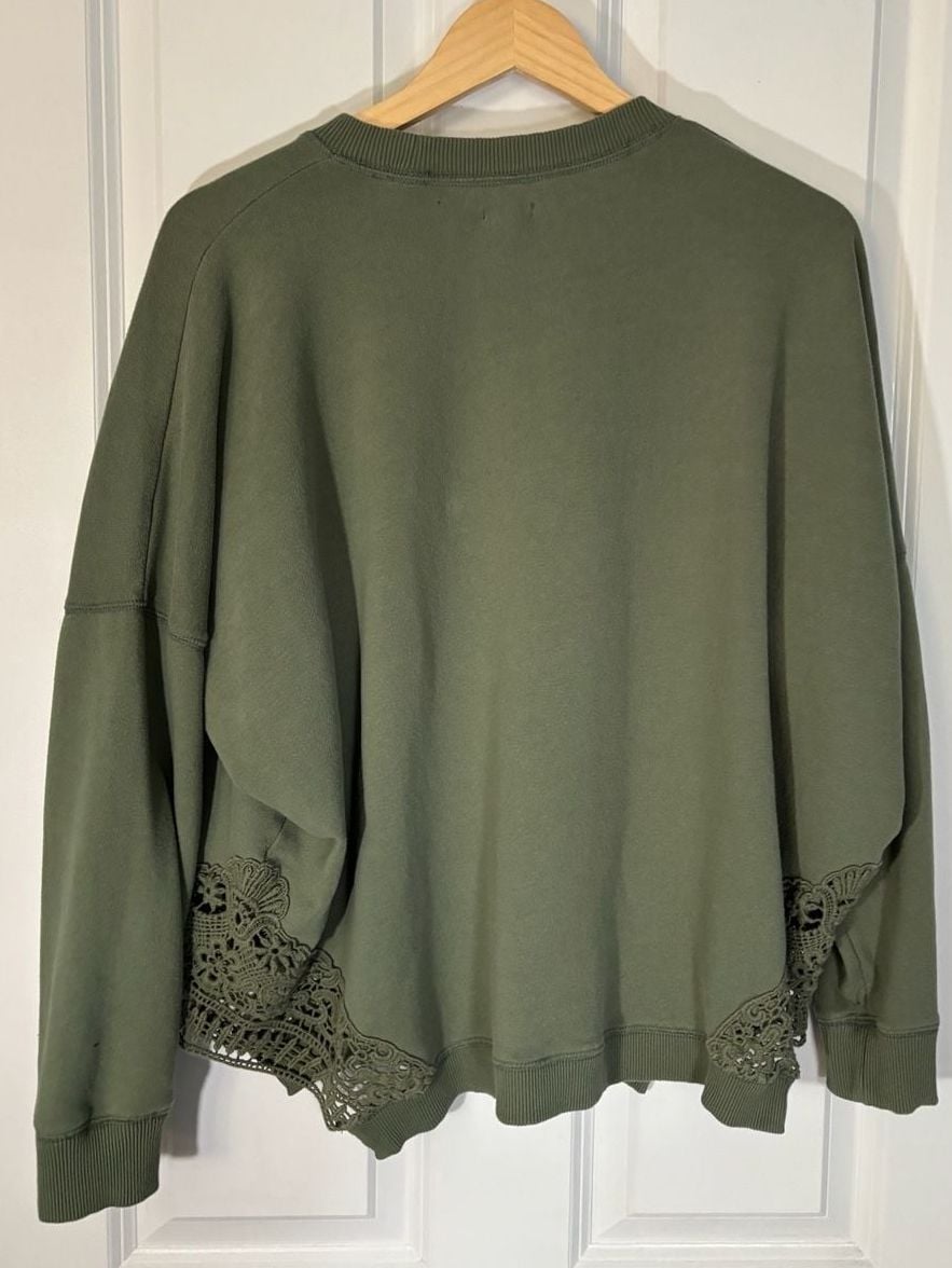 Aerie Crochet Lace Hem Sweatshirt Olive Green Oversized Pullover 6