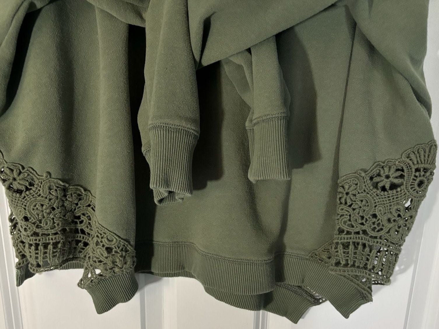 Aerie Crochet Lace Hem Sweatshirt Olive Green Oversized Pullover 8