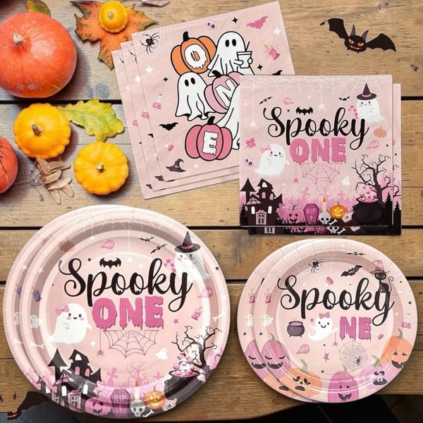 Spooky One 144 Pcs Pink Halloween 1st Birthday Party Tableware Set