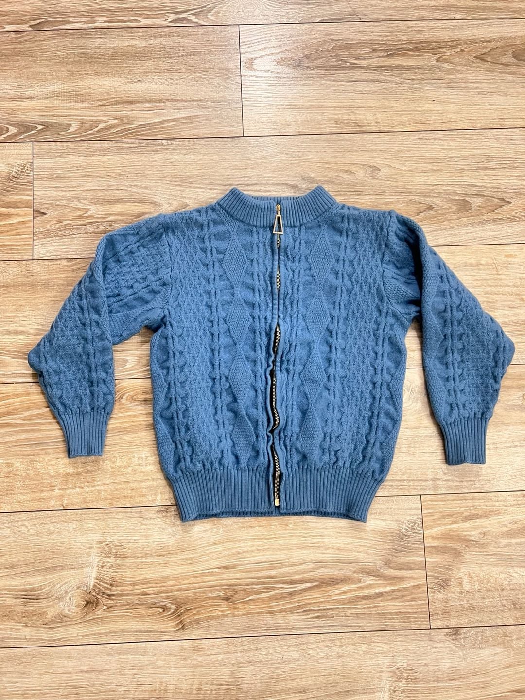 Leamor Cable Knit Zip Up Sweater Size 16 Blue Wool 2