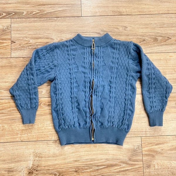 Leamor Cable Knit Zip Up Sweater Size 16 Blue Wool