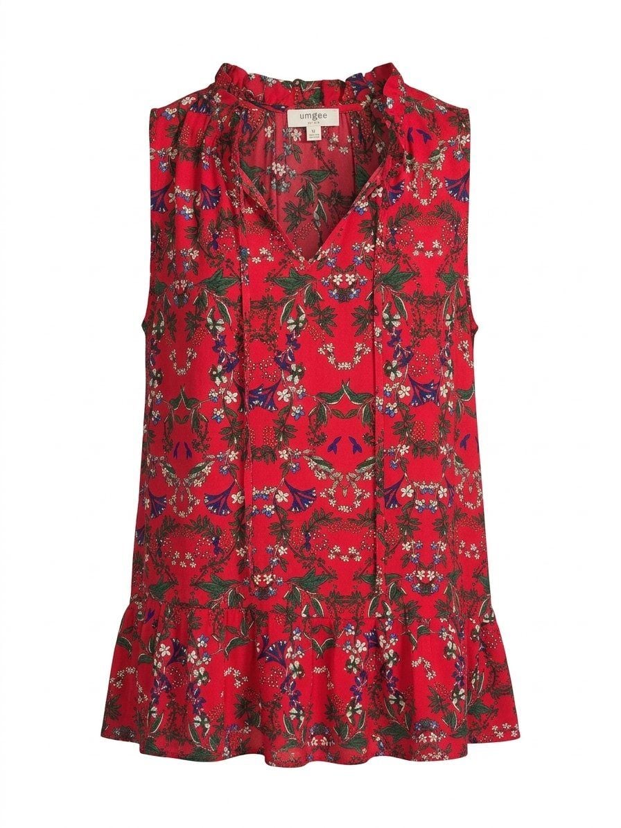 umgee Red Floral Sleeveless Ruffle Hem Blouse Top 2