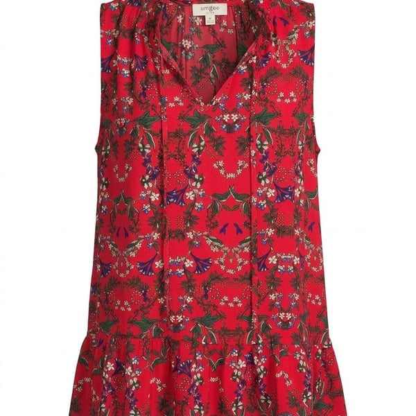 umgee Red Floral Sleeveless Ruffle Hem Blouse Top