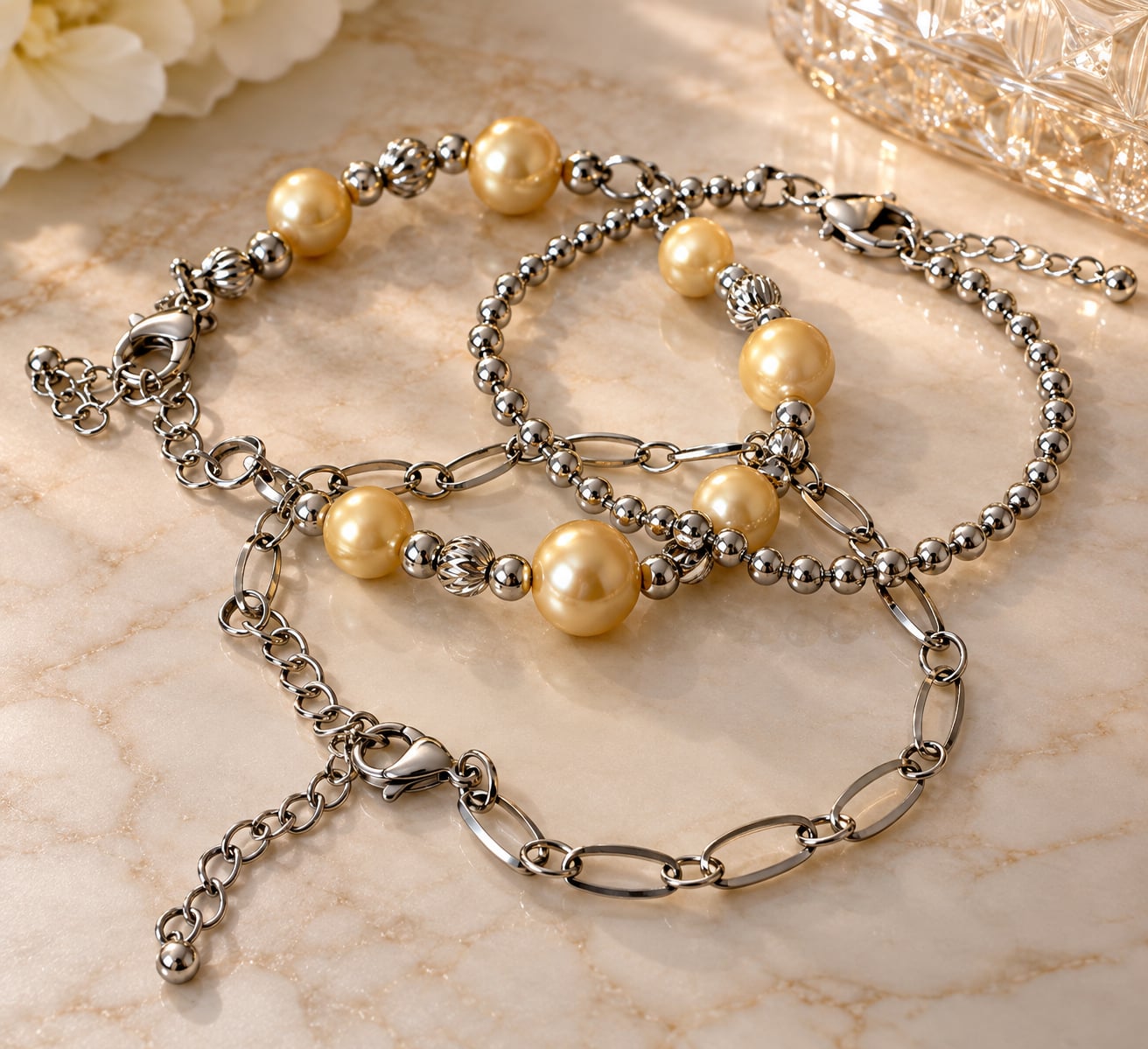 NEW Genuine Golden Pearl & Sterling Silver 3-Piece Bracelet Set – 7” + 2” Extender 2
