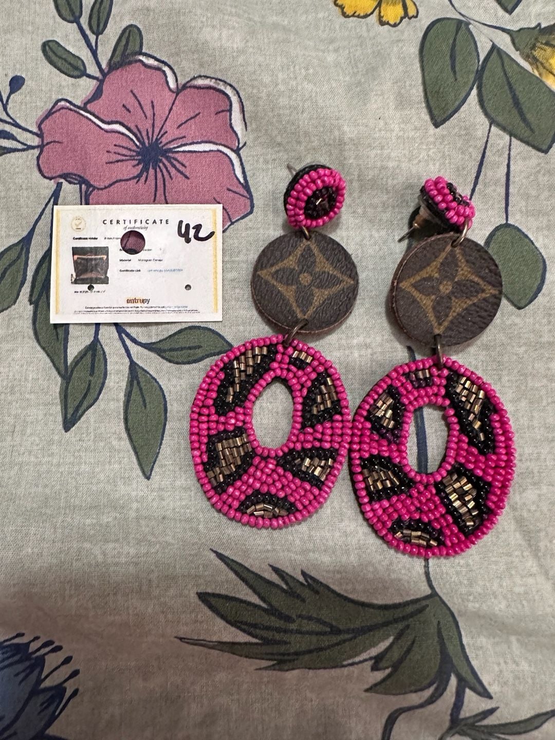 Upcycled Louis Vuitton Monogram Canvas Pink Beaded Statement Earrings 2