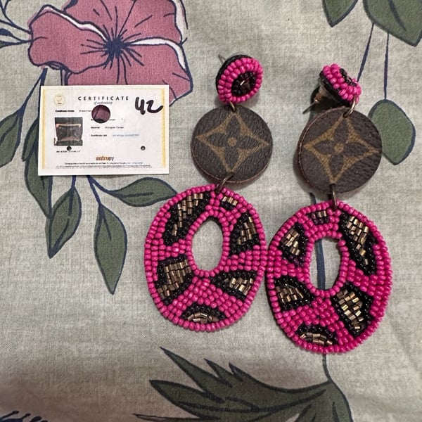 Upcycled Louis Vuitton Monogram Canvas Pink Beaded Statement Earrings
