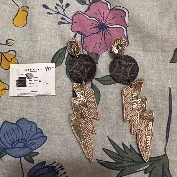 Revamped Upcycled Authentic Louis Vuitton Canvas Lightning Bolt Earrings