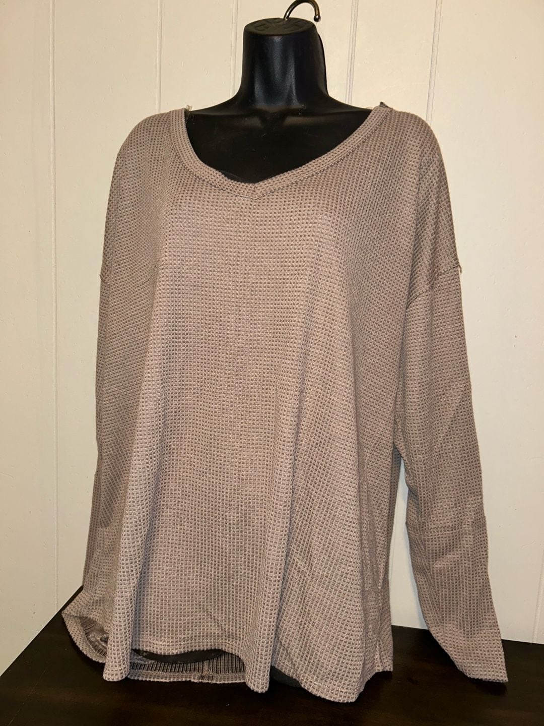 Waffle Knit V-Neck Long Sleeve Top Taupe Brown Loose Fit 2