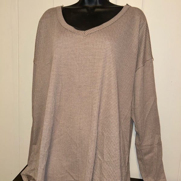 Waffle Knit V-Neck Long Sleeve Top Taupe Brown Loose Fit
