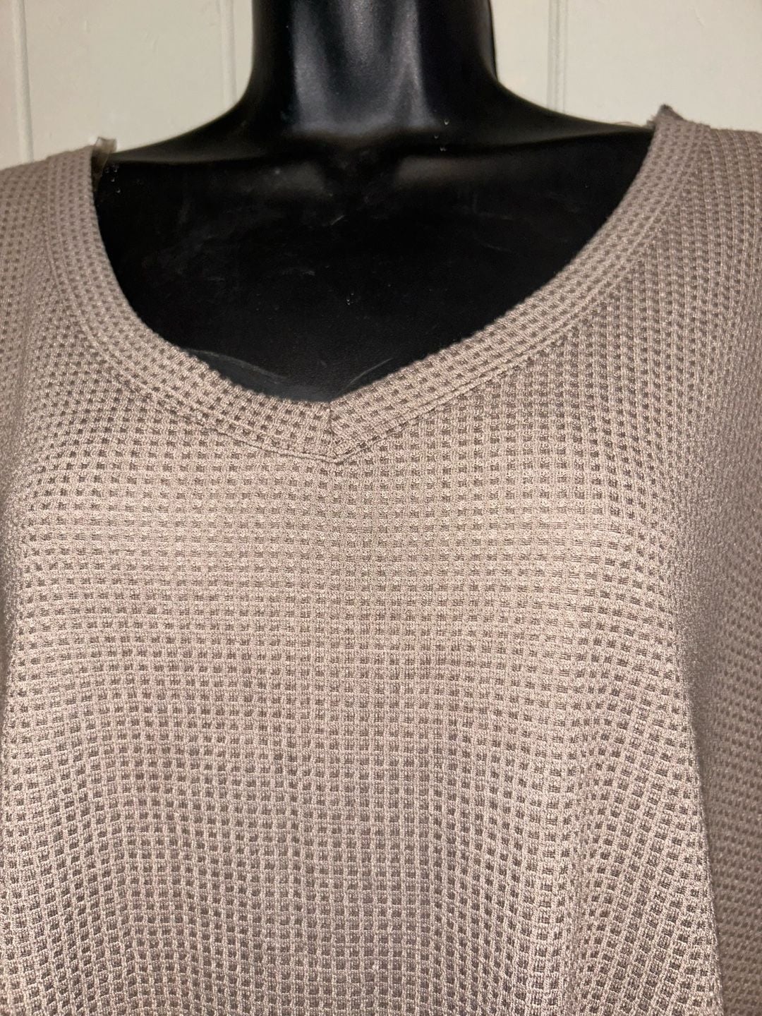 Waffle Knit V-Neck Long Sleeve Top Taupe Brown Loose Fit 3