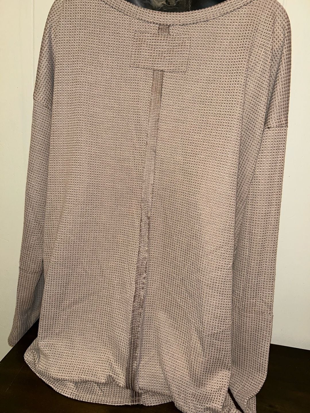 Waffle Knit V-Neck Long Sleeve Top Taupe Brown Loose Fit 4