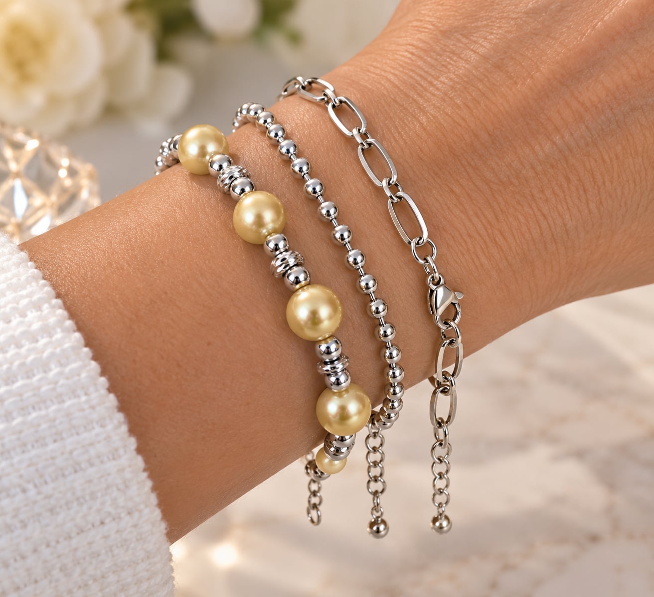 NEW Genuine Golden Pearl & Sterling Silver 3-Piece Bracelet Set – 7” + 2” Extender 3