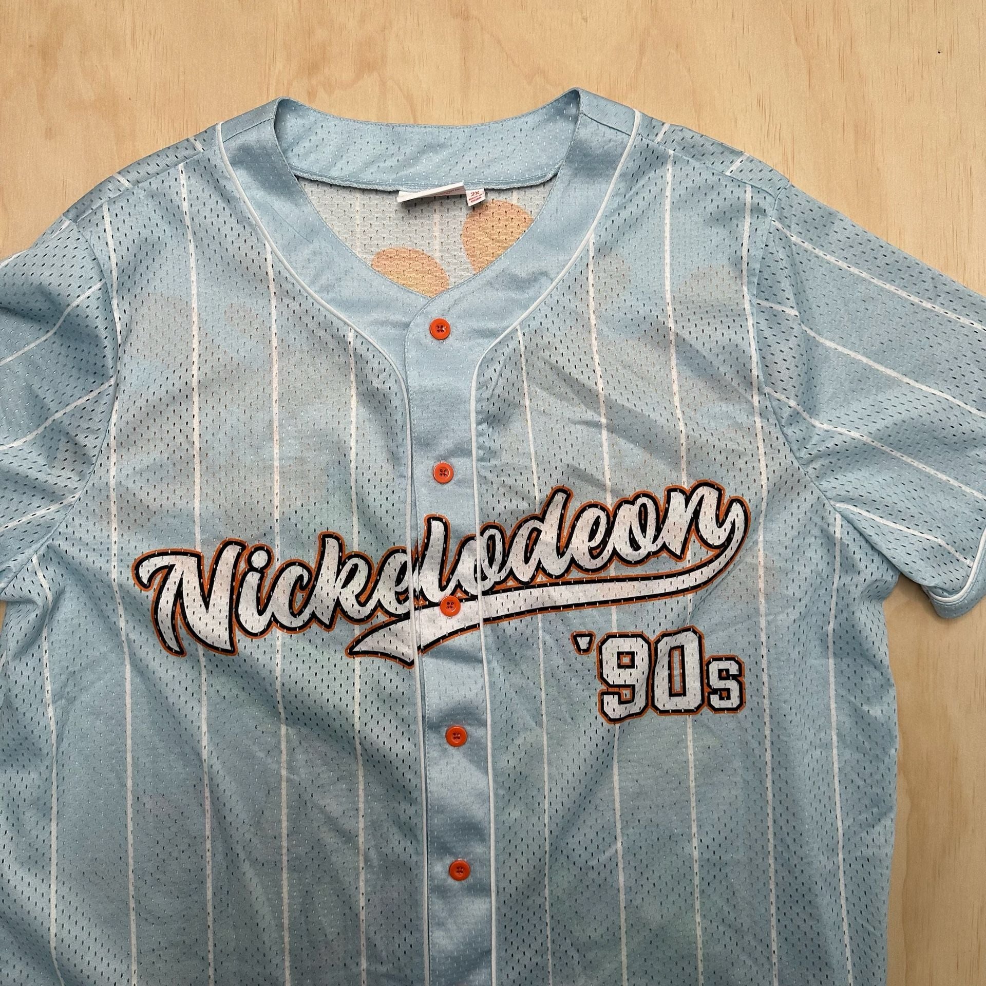 Nickelodeon 90s Baseball Jersey Men 4XL Light Blue Button Front Short Sleeve NEW 3