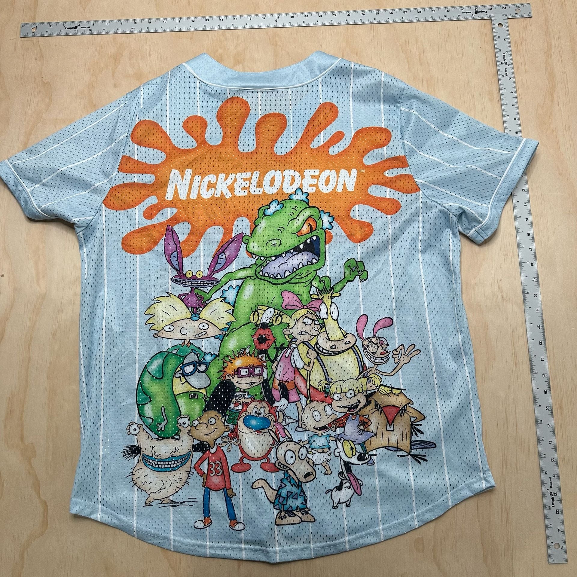 Nickelodeon 90s Baseball Jersey Men 4XL Light Blue Button Front Short Sleeve NEW 7