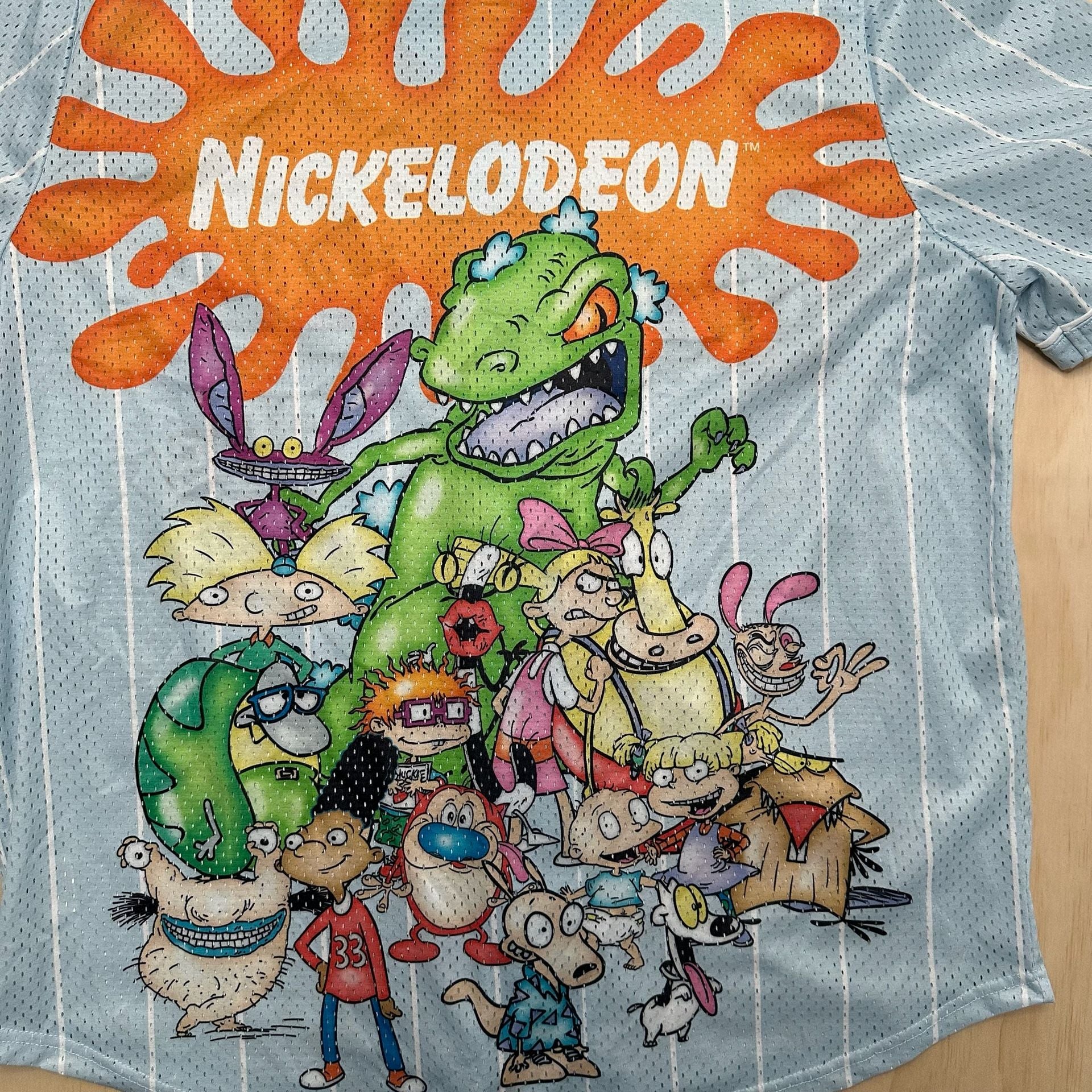 Nickelodeon 90s Baseball Jersey Men 4XL Light Blue Button Front Short Sleeve NEW 8