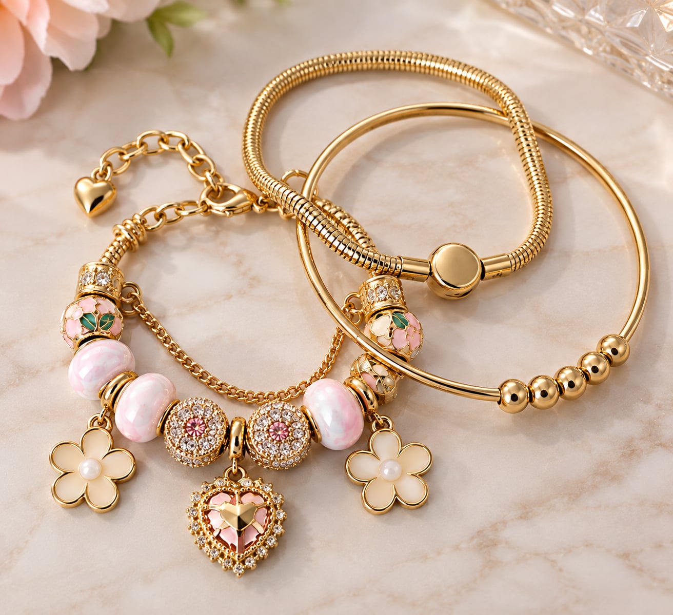 🌸 Pandora Style Pink & Gold Charm Bracelet Set 🌸 1