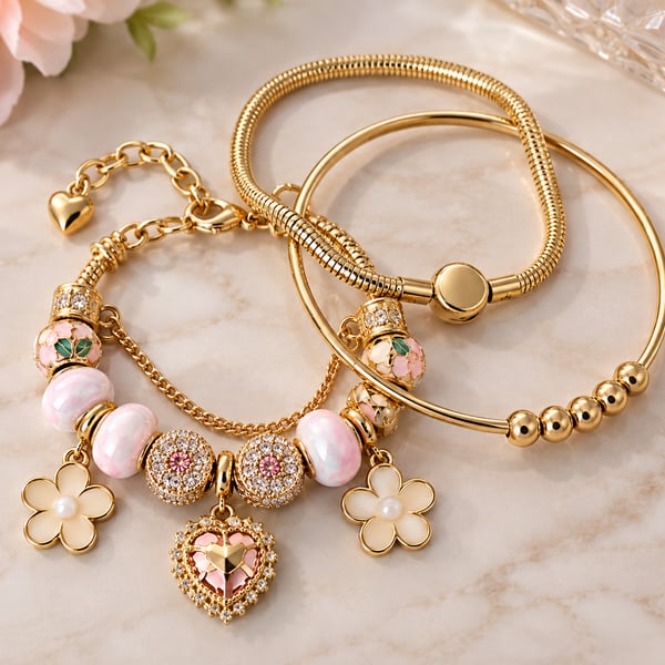 🌸 Pandora Style Pink & Gold Charm Bracelet Set 🌸