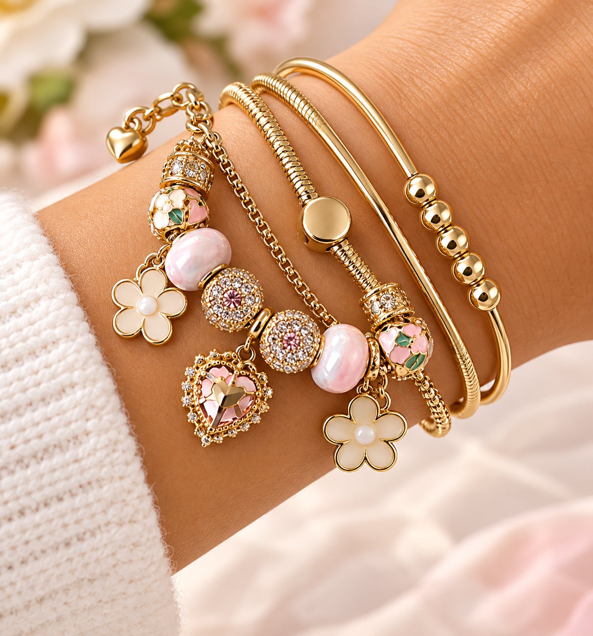 🌸 Pandora Style Pink & Gold Charm Bracelet Set 🌸 2