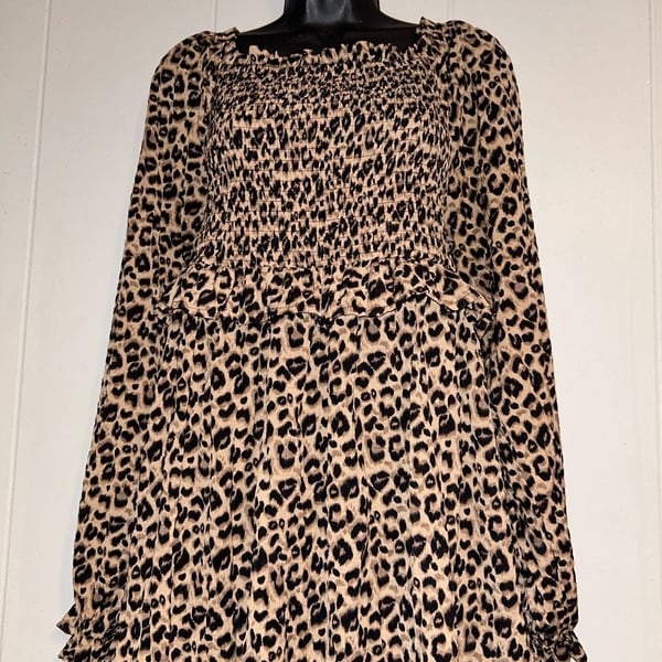 Unbranded Leopard Print Long Sleeve Smocked Dress