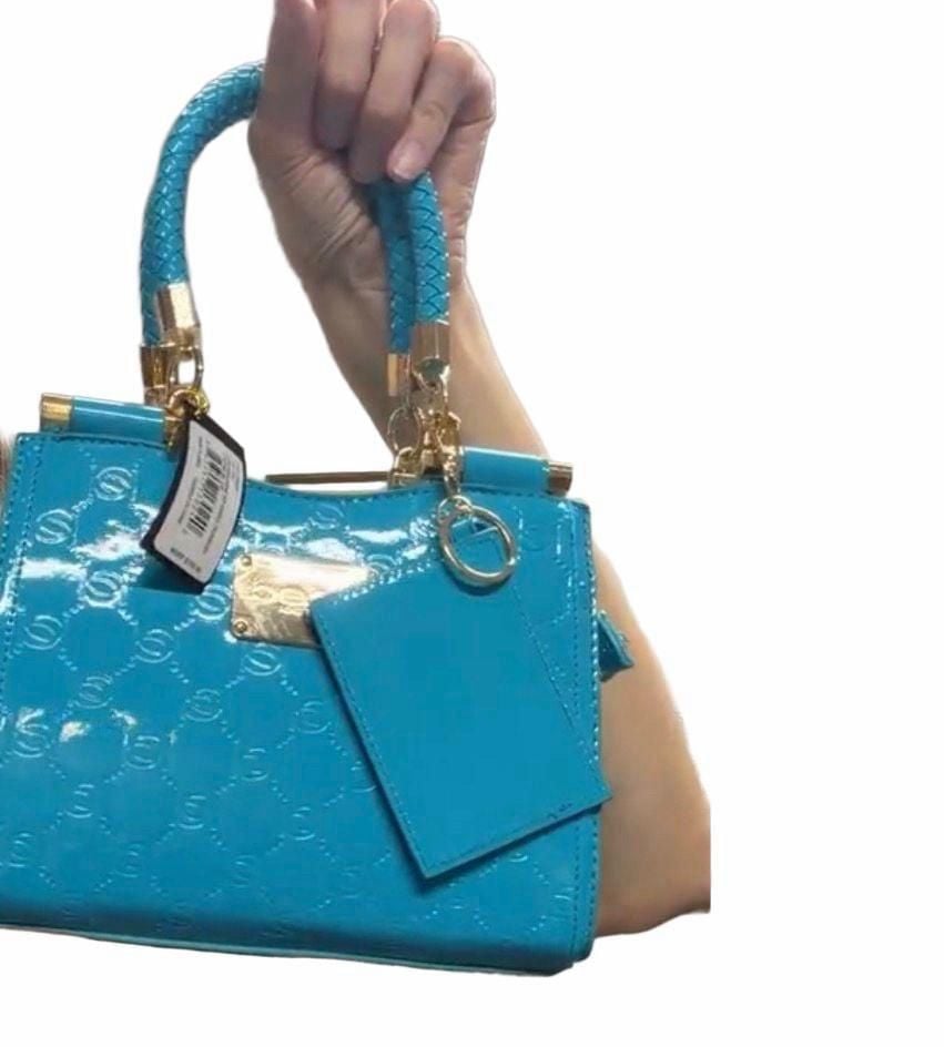 Bebe Dana Monogram Top Handle Bag Blue Patent 4