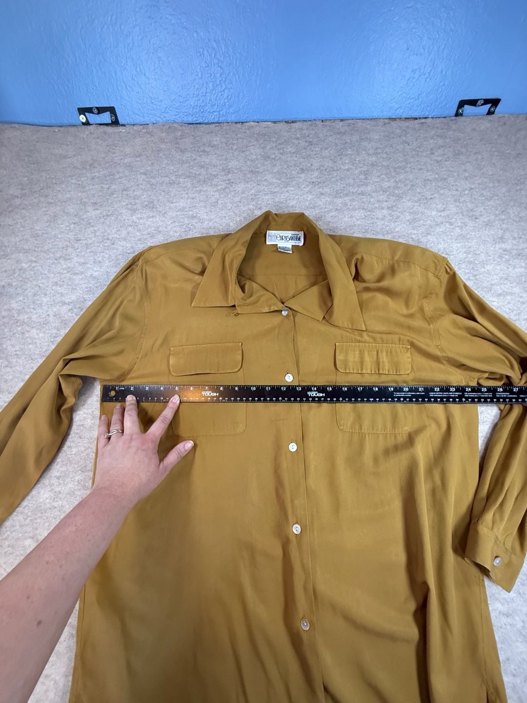 Vintage dress barn Yellow mustard Long Sleeve Button Up Shirt with Pockets shoulder pads 9