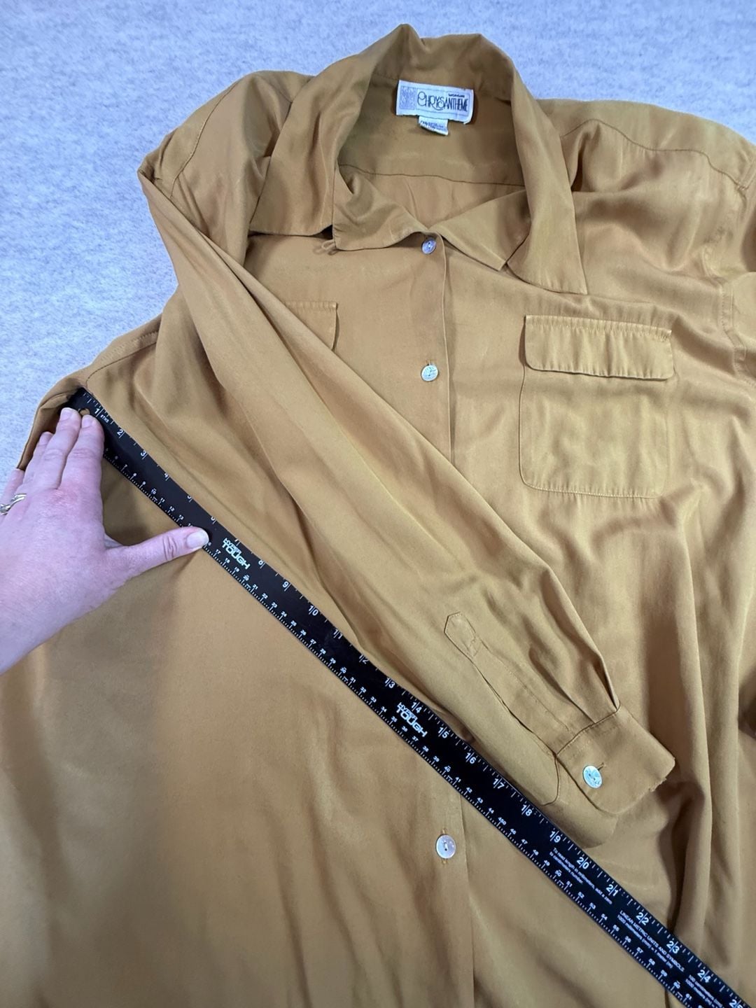 Vintage dress barn Yellow mustard Long Sleeve Button Up Shirt with Pockets shoulder pads 10